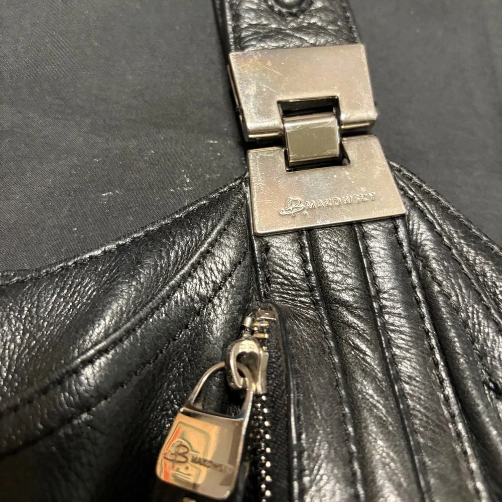 B. Makowsky Black Genuine Leather Large Hobo Shoulder Bag Silver Hardware